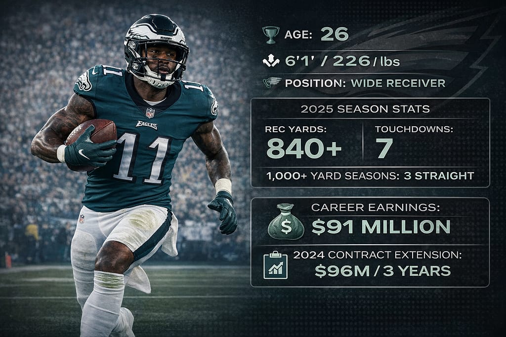 Philadelphia Eagles wide receiver A.J. Brown running with the football during an NFL game, with an overlay graphic showing his age, height, position, 2025 season stats, career earnings, and contract details.