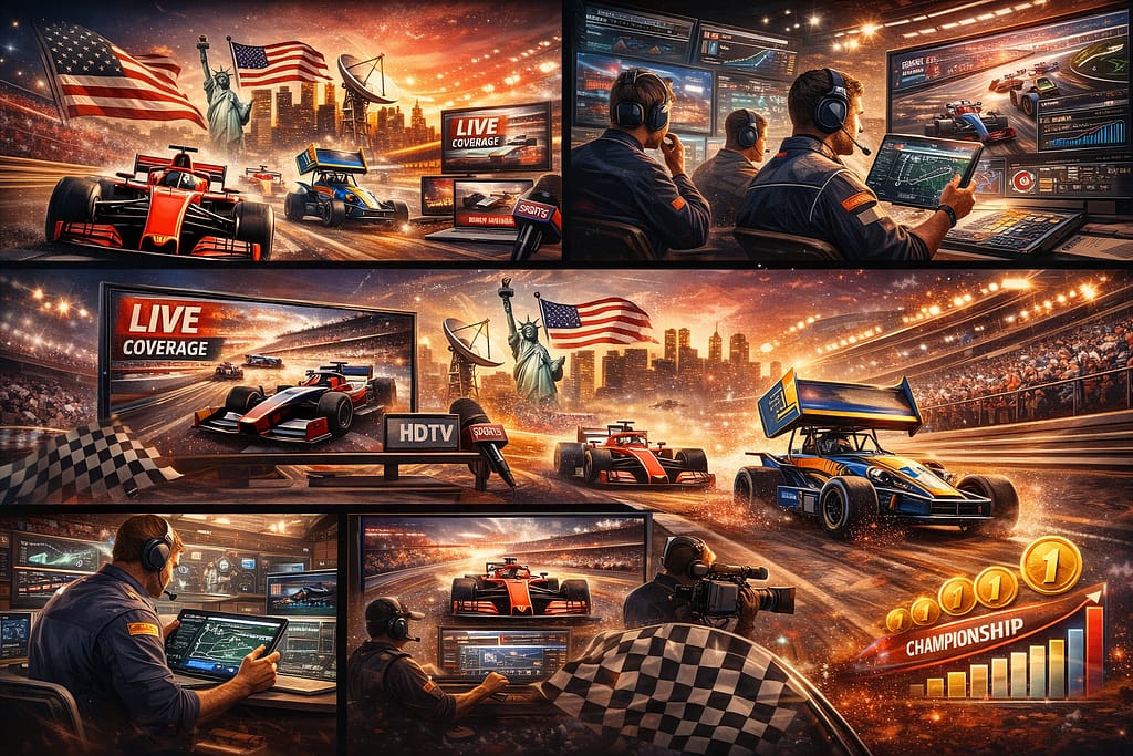 American broadcasting network secures exclusive live rights for Sprint races and Grand Prix events in the United States starting in 2025, showing modern motorsports coverage and racing action