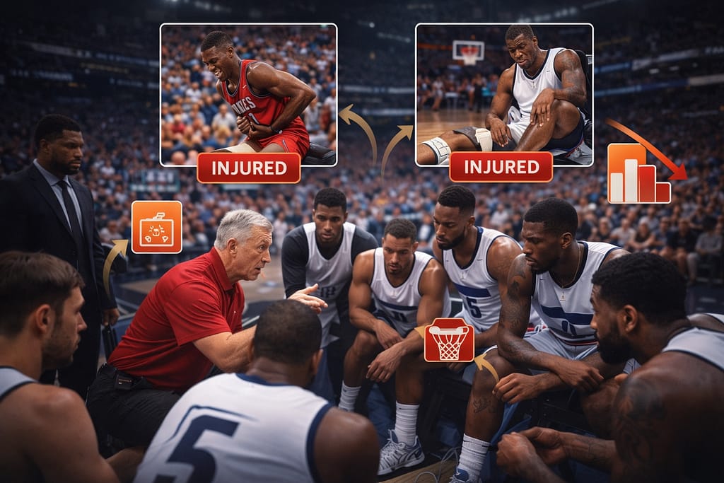 NBA team affected by injuries during a timeout, with coach adjusting strategy while key players are sidelined, highlighting the impact of injuries on team performance.