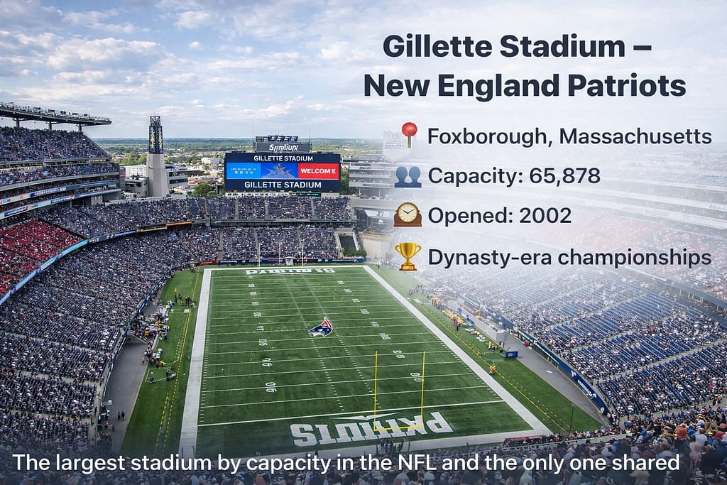 Aerial view of Gillette Stadium in Foxborough, Massachusetts, home of the New England Patriots, showing the full football field, seating bowl, and stadium details including capacity of 65,878, opened in 2002, and dynasty-era championships.