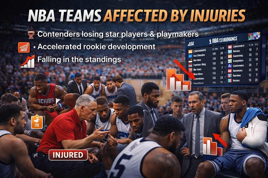 NBA teams affected by injuries with players on the bench and coaches reacting to key absences impacting the standings