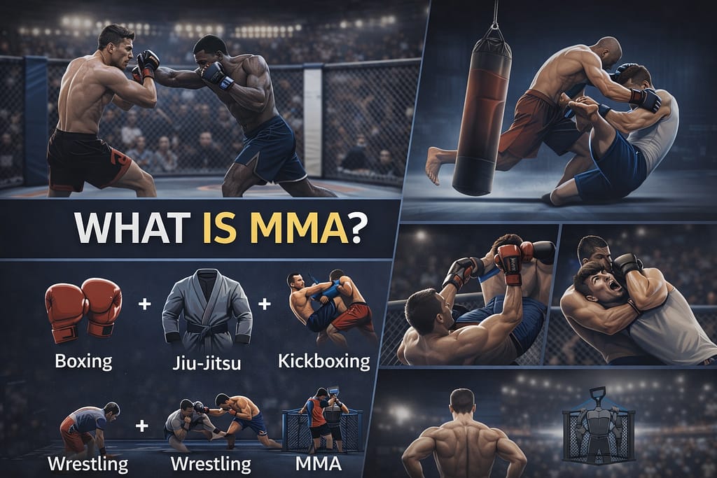 MMA combines several combat styles — including boxing, wrestling, jiu-jitsu, kickboxing, and more — into one unified sport. Fighters compete inside a cage or ring, and the goal is simple: win using strategy, skill, and control — not chaos.