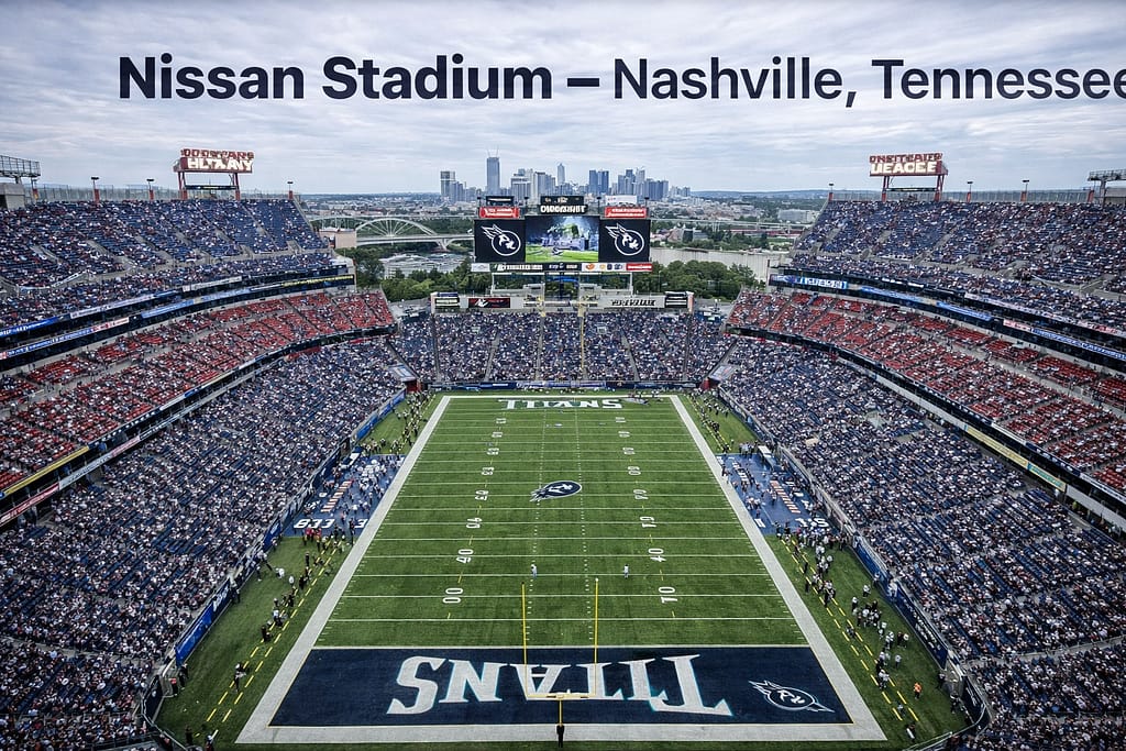 Wide-angle view of Nissan Stadium in Nashville, Tennessee, home of the Tennessee Titans, showing the full football field, packed seating sections, large video boards, and the Nashville skyline in the background.