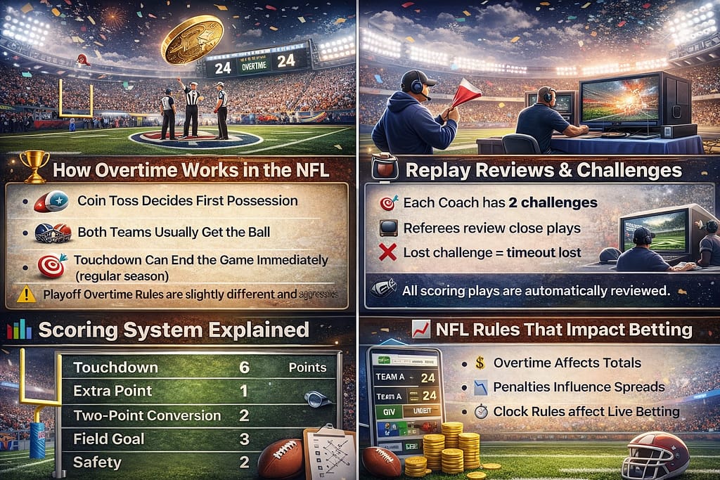 Detailed NFL rules infographic explaining overtime rules, replay reviews and challenges, scoring system, and how NFL rules impact betting, with stadium visuals, icons, and clear point breakdowns.