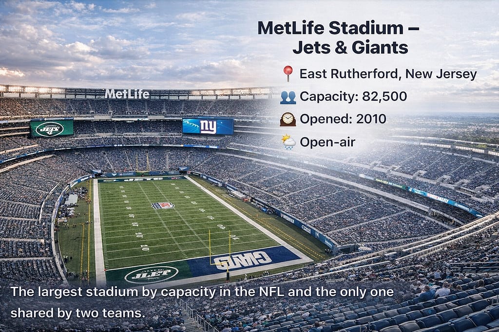 MetLife Stadium in East Rutherford, New Jersey, aerial view of the full football field and seating bowl, home of the New York Jets and New York Giants, open-air NFL stadium with 82,500 capacity, opened in 2010.