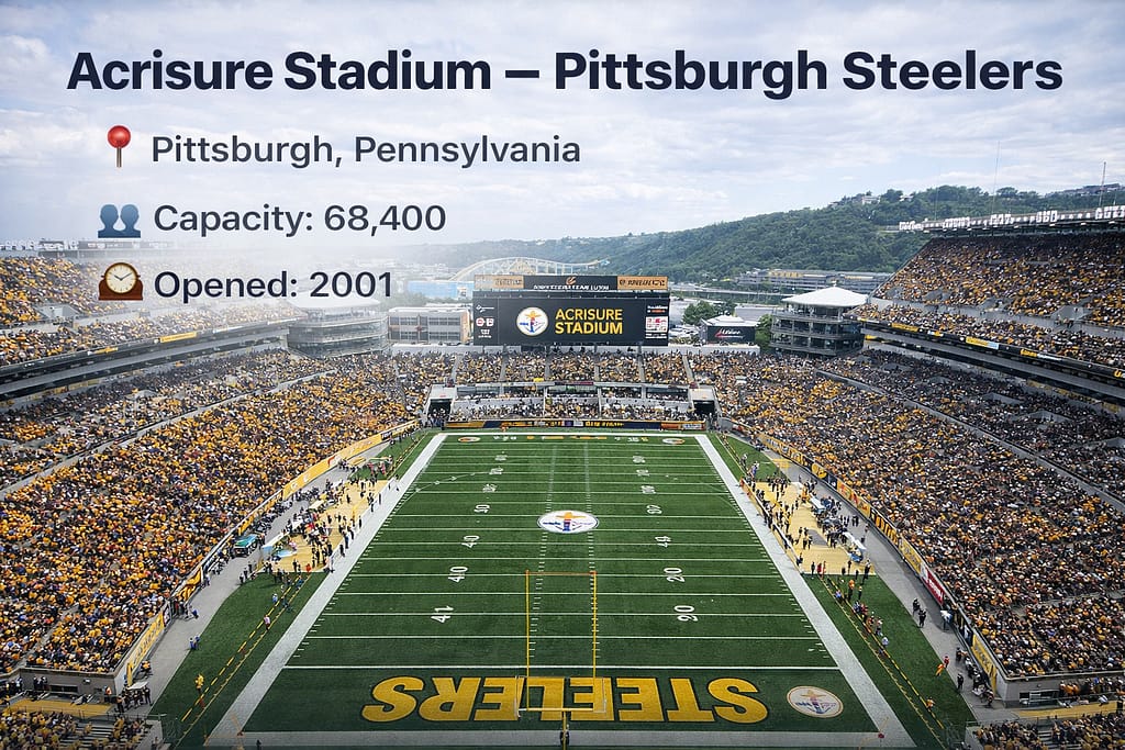 Wide-angle view of Acrisure Stadium in Pittsburgh, Pennsylvania, home of the Pittsburgh Steelers, showing the full football field, packed stands, city skyline, and stadium details including capacity and opening year.