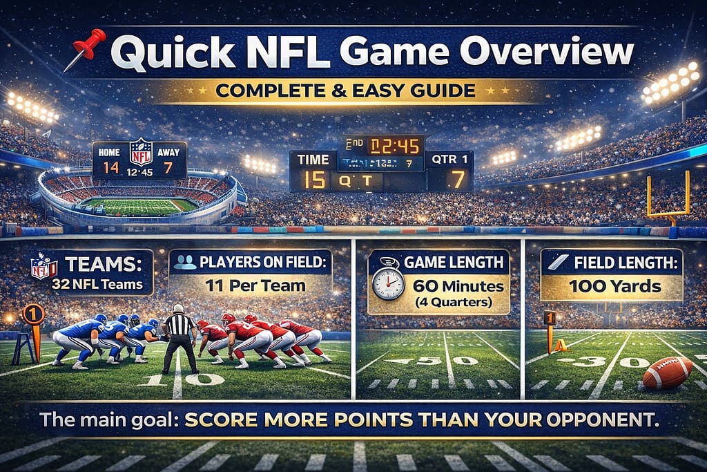 Infographic explaining NFL rules including overtime format, replay reviews, scoring system, and betting-impact rules, presented with icons, tables, and clear visual sections for easy understanding.