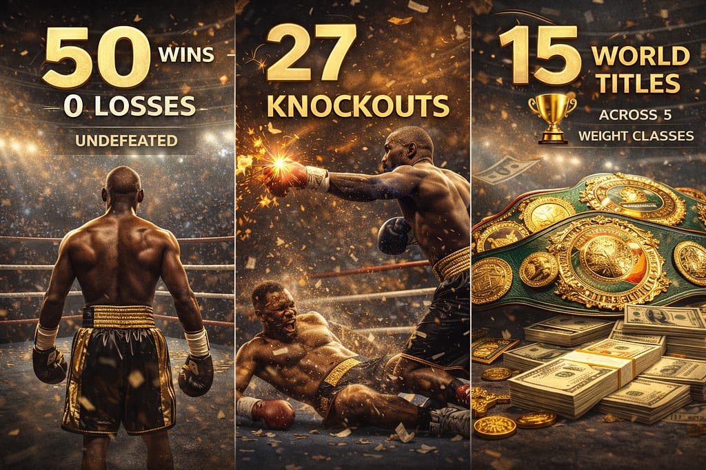 Floyd Mayweather career highlights showing 50 wins 0 losses 27 knockouts and 15 world titles infographic
