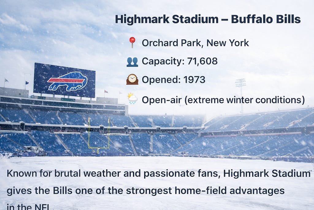 Highmark Stadium Buffalo Bills in Orchard Park New York, open-air NFL stadium known for extreme winter weather, capacity 71,608, opened in 1973