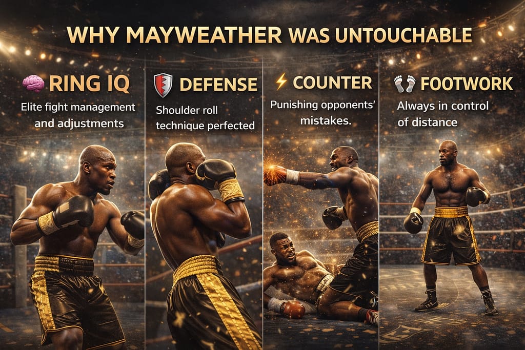 Infographic showing why Floyd Mayweather was untouchable in boxing, highlighting elite ring IQ, perfected defensive shoulder roll technique, precise counter punching, and controlled footwork inside the boxing ring.