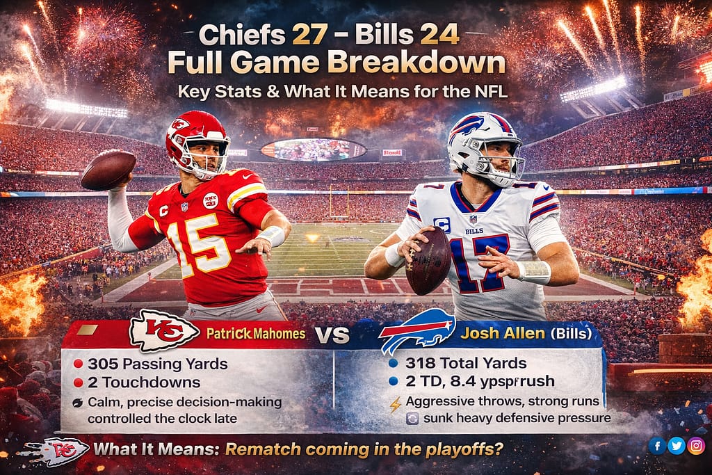 Detailed NFL game analysis graphic showing Kansas City Chiefs vs Buffalo Bills at Arrowhead Stadium, featuring Patrick Mahomes and Josh Allen in a 1v1 quarterback comparison, final score 27–24, key team statistics, player highlights, defensive impact moments, and playoff implications in a high-intensity night game atmosphere.