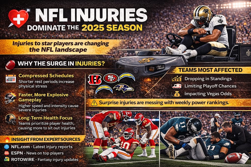 NFL injuries 2025 season infographic showing injured players, affected teams, power rankings impact, playoff chances, and betting analysis in a realistic game scenario