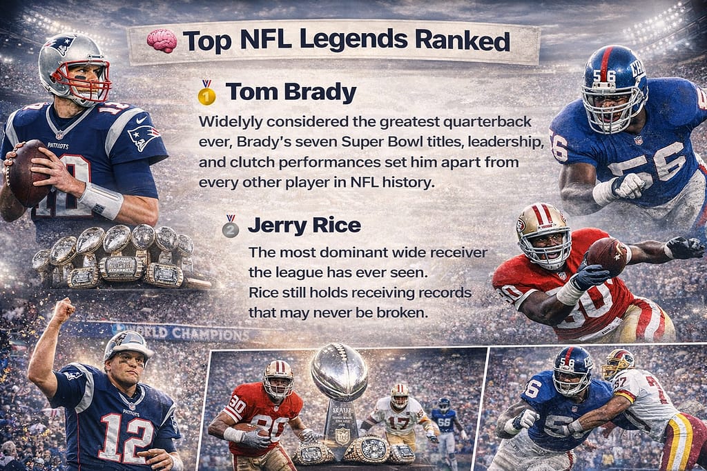 Top NFL legends ranked showing Tom Brady, Jerry Rice, and Lawrence Taylor with key career highlights and iconic moments from NFL history