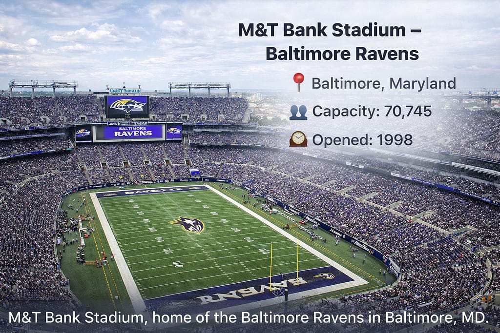 Wide-angle view of M&T Bank Stadium in Baltimore, Maryland, home of the Baltimore Ravens, showing the full football field, packed stands, Ravens logo at midfield, and stadium details including capacity of 70,745 and opening year 1998.