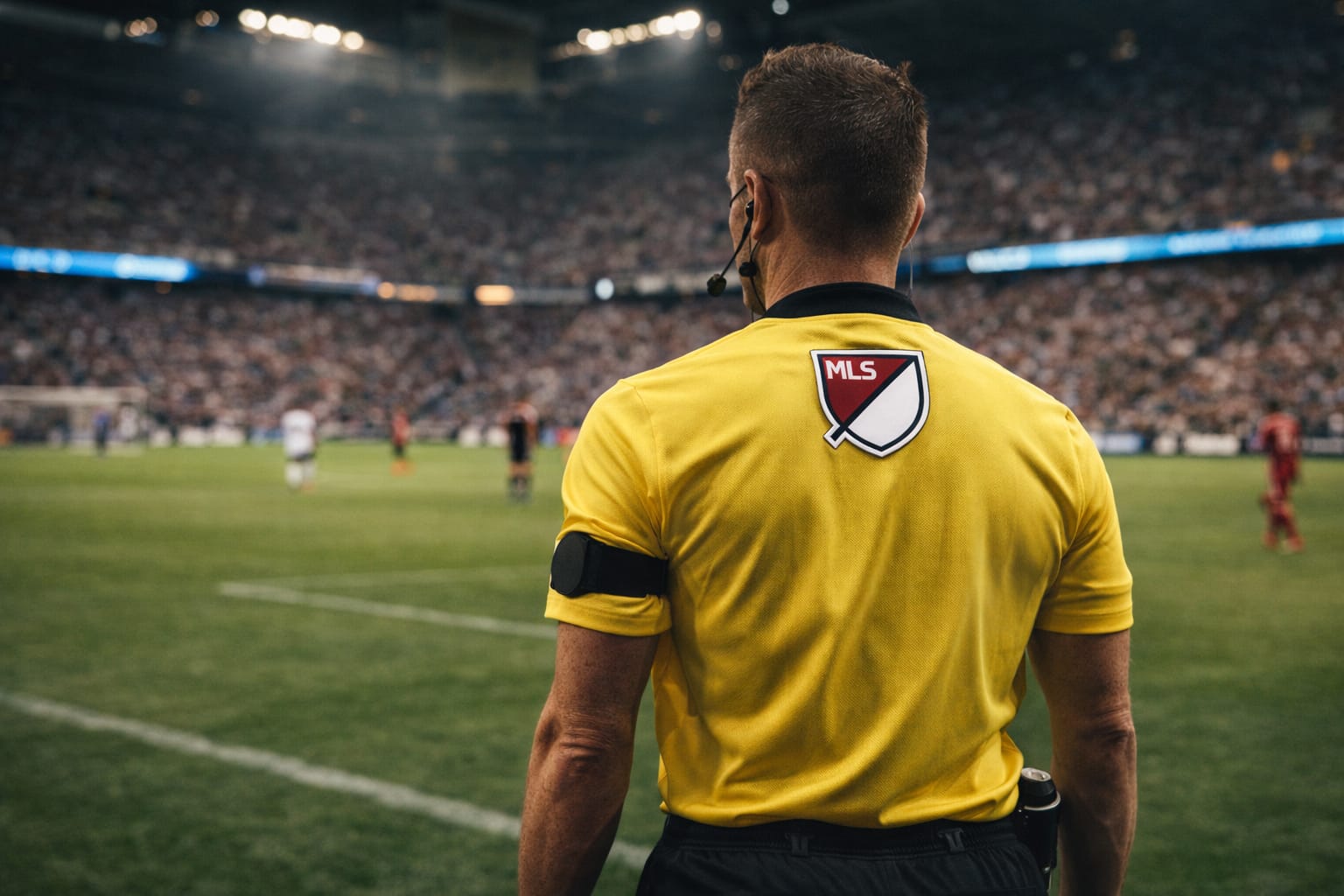 3F9FFBBA-272E-4398-90EE-51C86E0C01DF MLS soccer referee officiating a professional match in the United States, wearing official yellow uniform on the field