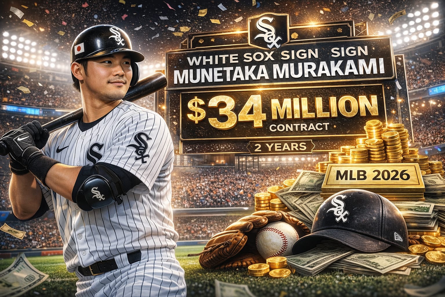 A9F56CFA-E950-4CC9-B64E-CCDBD8B601A7 Munetaka Murakami wearing a Chicago White Sox uniform in a packed MLB stadium, highlighted graphic announcing his $34 million, two-year contract, with gold coins, cash stacks, team logos, and bold typography emphasizing the major signing.