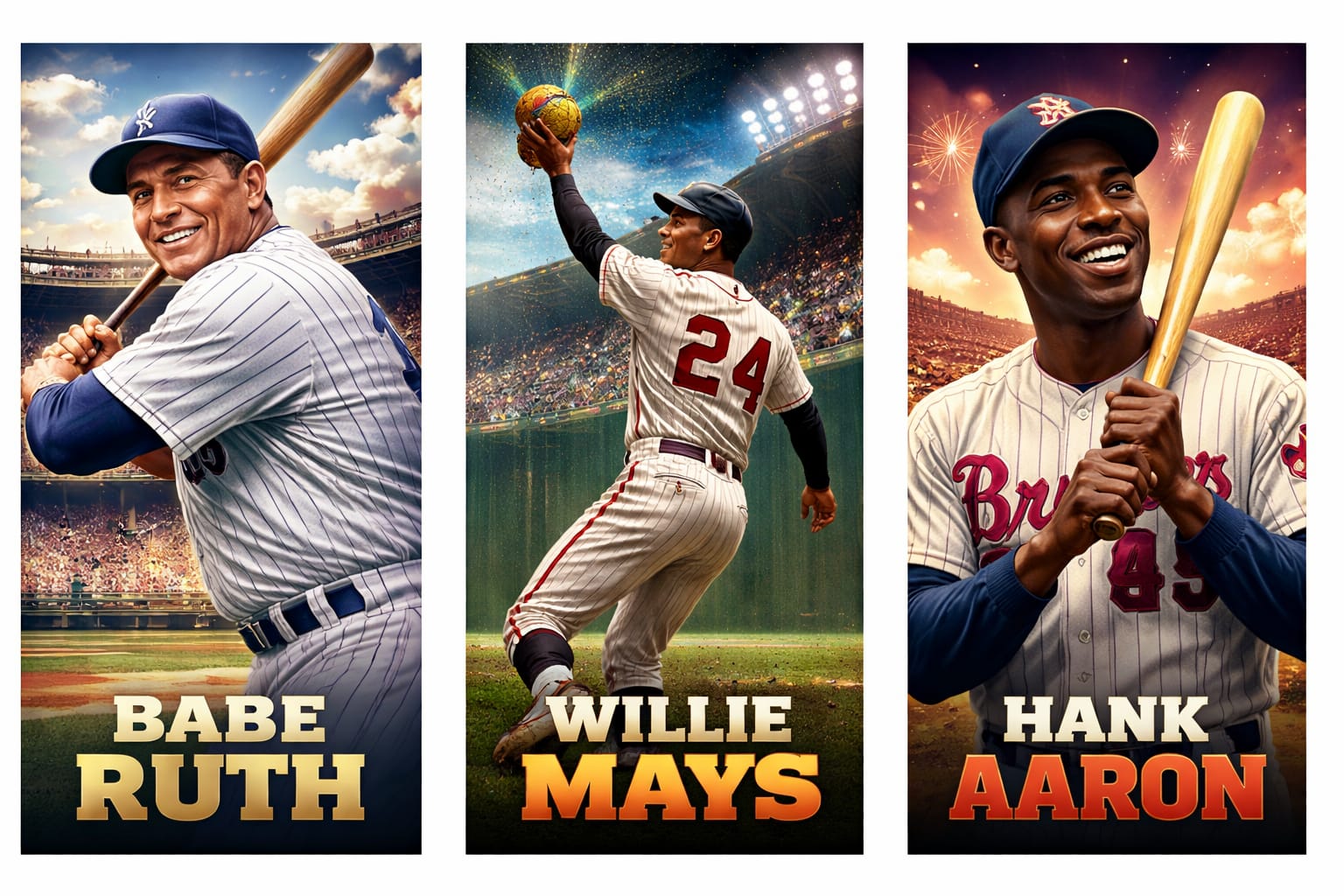 CBC18F87-E8B3-4494-9ADD-D54865B74D77 Three of the greatest baseball players in history — Babe Ruth, Willie Mays, and Hank Aaron — representing different eras of Major League Baseball excellence.