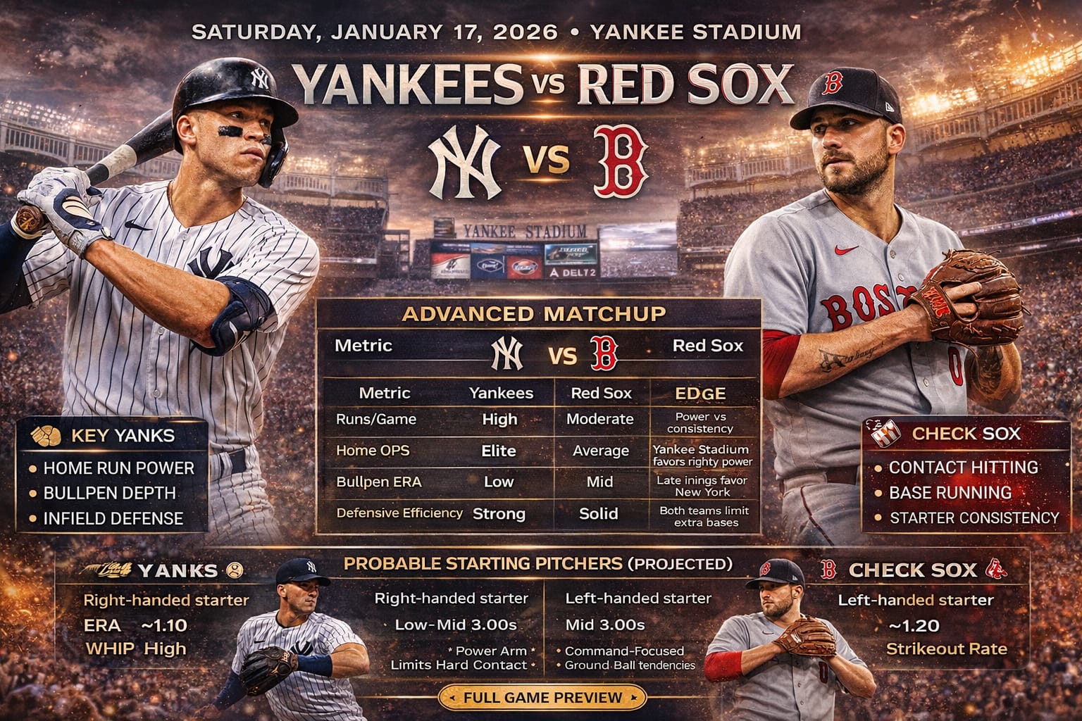 3796CE6E-E956-4108-8635-A852236C598A Epic horizontal MLB game preview graphic for Yankees vs Red Sox on January 17, 2026, showcasing key matchup data, pitching comparison, offensive strengths, bullpen metrics, and rivalry highlights at Yankee Stadium in high-quality design