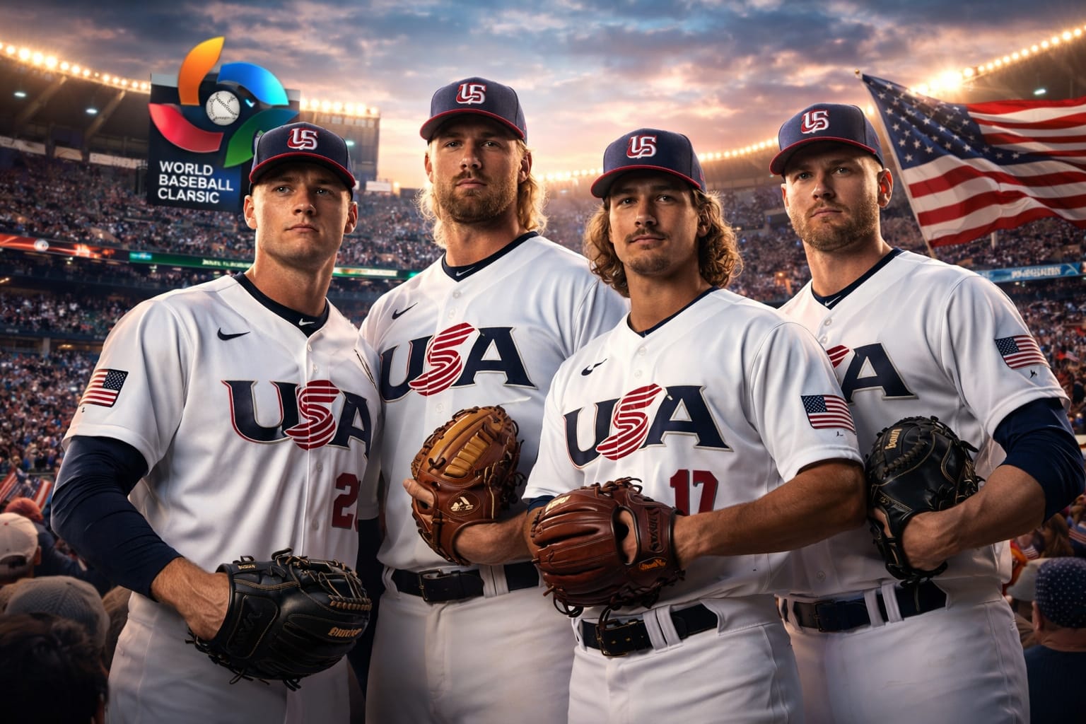 466EBF80-F185-4FA4-8920-70F8E9AF0D44 Team USA pitchers standing together at the 2026 World Baseball Classic with packed stadium, American flag, and championship atmosphere