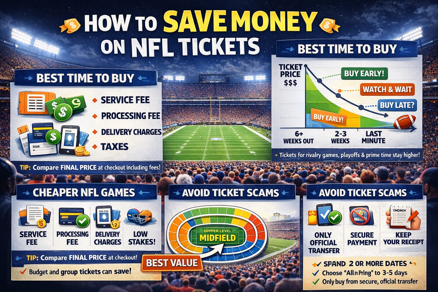 702B1324-4BEF-4220-8957-6018545242AC Infographic showing how to buy cheaper NFL tickets, including best time to buy, average ticket prices, cheapest seat sections, hidden fees breakdown, and tips to save money on NFL games, presented in a high-quality horizontal design.