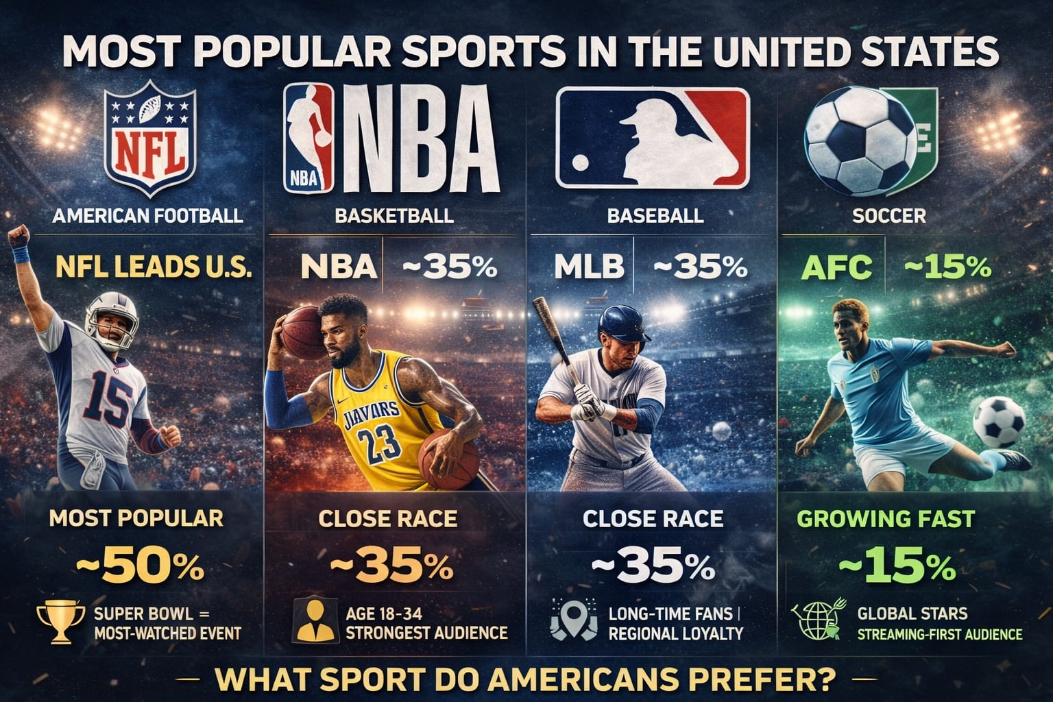 806AA25D-70A2-4643-8E58-7AF9F9BED135 Comparison of the most popular sports in the United States showing NFL, NBA, MLB and Soccer fan preference, viewership and growth trends infographic