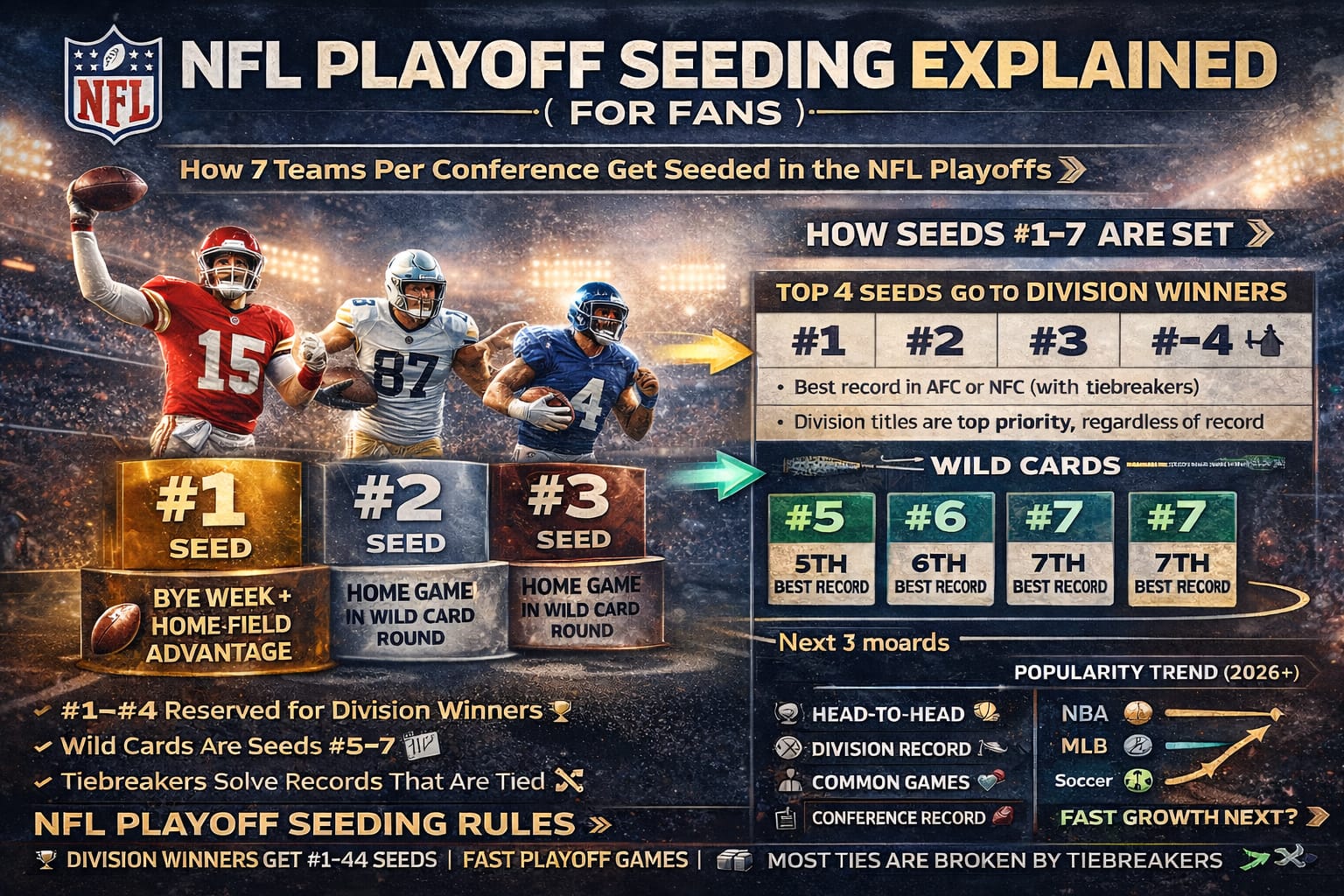 81825A81-4BEC-4D49-931C-C87B7BA2E461 NFL playoff seeding explained infographic showing division winners, wild card teams, tiebreakers, and playoff structure with clear rankings and key rules in a high-quality horizontal design