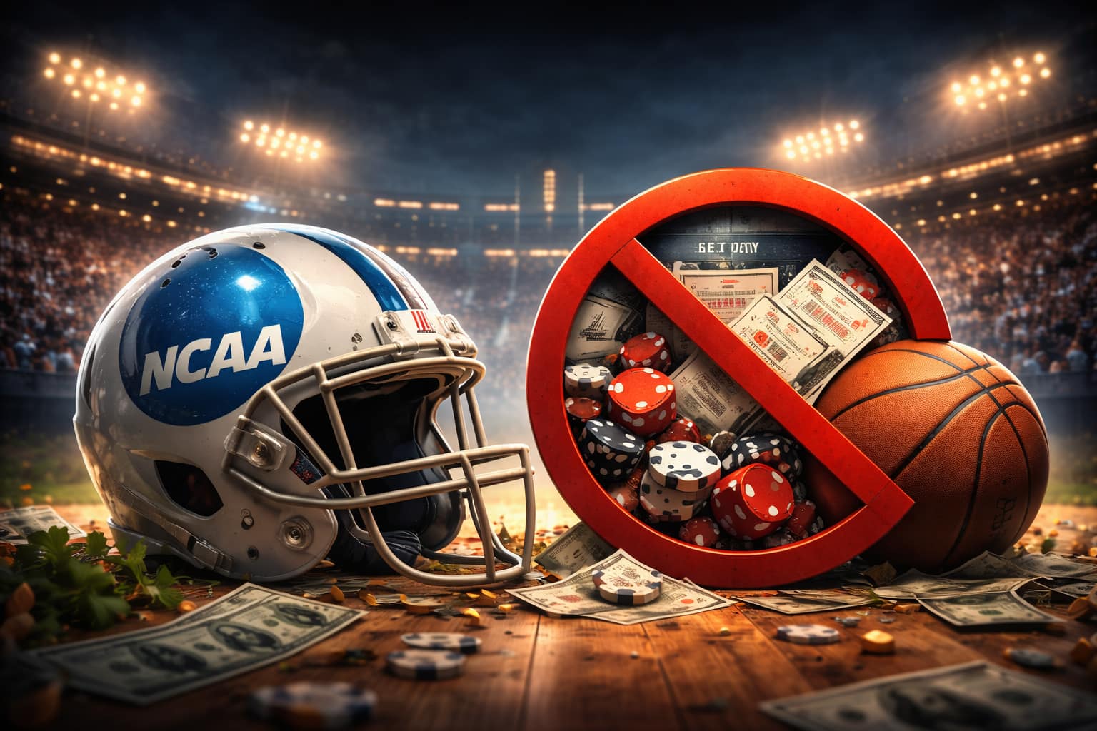 81B39EAC-4E0B-4A9E-8029-45772ACECB0E Epic illustration representing NCAA college sports betting rules, with a dramatic stadium background, prohibition symbols, and a serious atmosphere highlighting restrictions for student-athletes in the United States