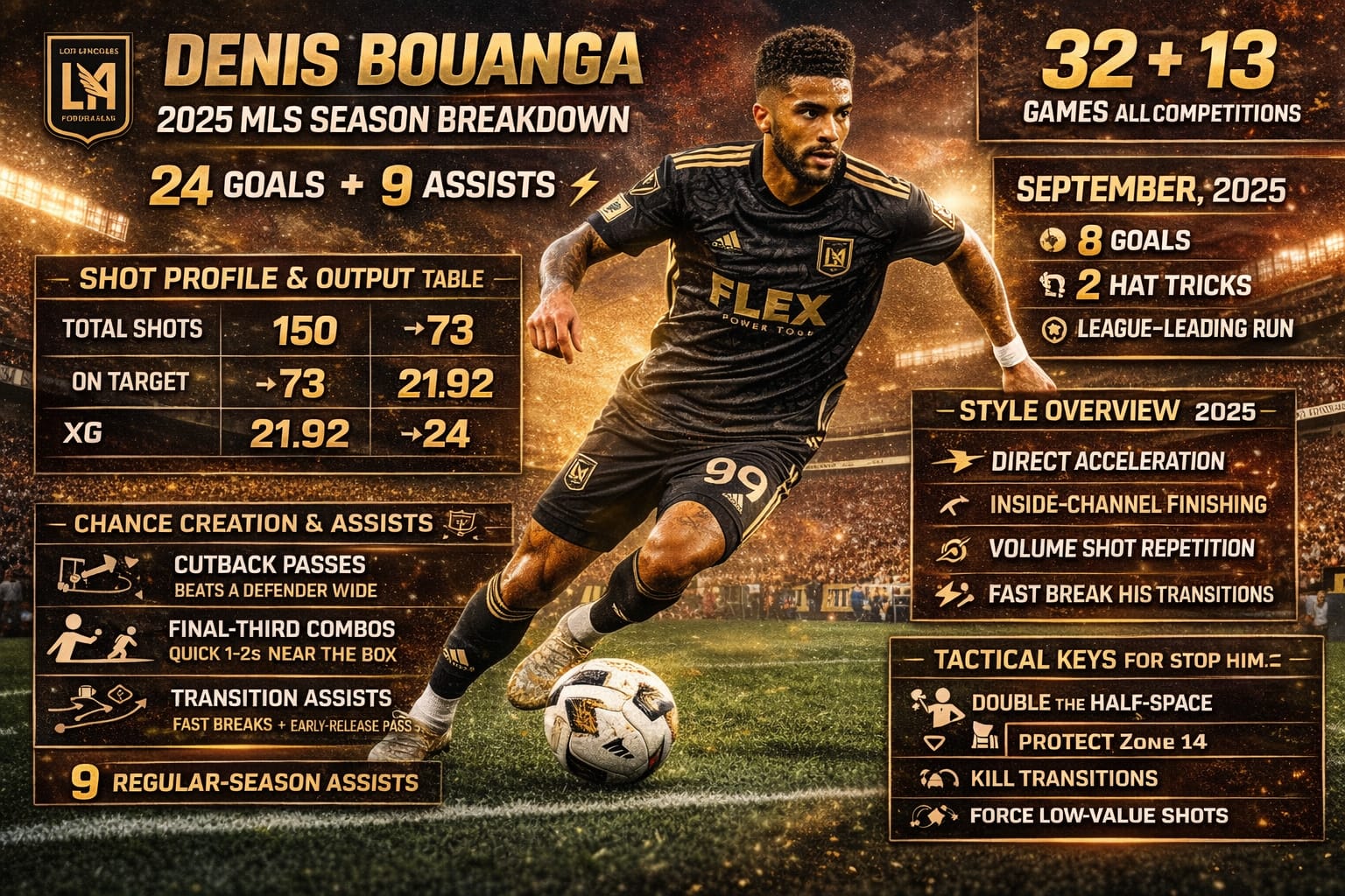 9ADDC486-EB62-4F36-A1F3-3CF763AAF5E3 Epic horizontal soccer infographic showcasing Denis Bouanga’s 2025 MLS season with goals, assists, shot volume, expected goals, and attacking heat map, highlighting his role as LAFC’s primary scorer in high-quality visual design