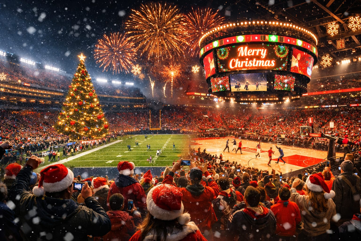 9D535B7C-260F-4D25-A92E-8A19FC44D46E Epic Christmas Day NFL and NBA game with packed stadiums, holiday atmosphere, fans celebrating, and record-breaking US sports viewership