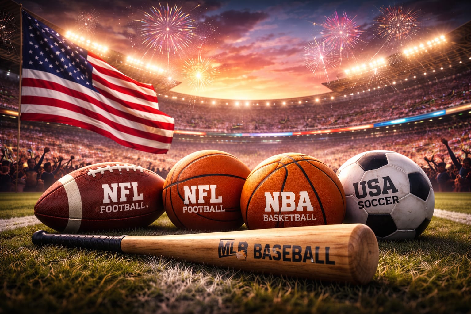 A8E37FE3-A497-49F0-AA11-892FF734A43D Epic panoramic American sports stadium at sunset with baseball, American football, basketball and soccer ball on the field, fireworks in the sky, United States flag waving, and a packed crowd celebrating the power of US sports culture