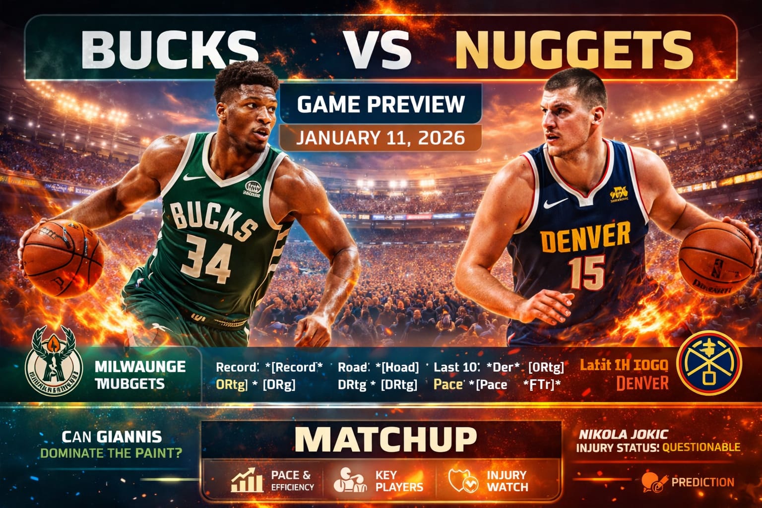 C56B9AFD-3585-4CE2-8342-73119804EDFF Bucks vs Nuggets game preview January 11 2026 featuring Giannis Antetokounmpo and Nikola Jokic, key matchup stats, injury watch, and NBA showdown graphic