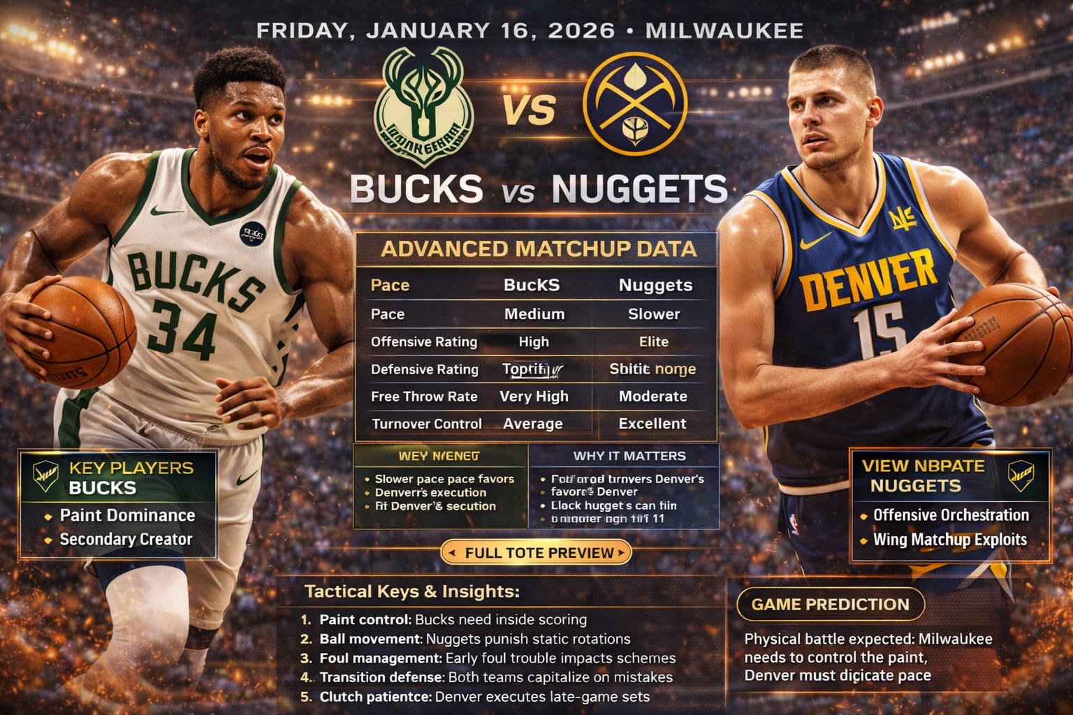 C983AE42-098E-4451-996E-E854049A1F6F Epic horizontal NBA game preview graphic for Bucks vs Nuggets on January 16, 2026, highlighting advanced matchup data, pace comparison, offensive and defensive strengths, and superstar impact in a high-quality visual