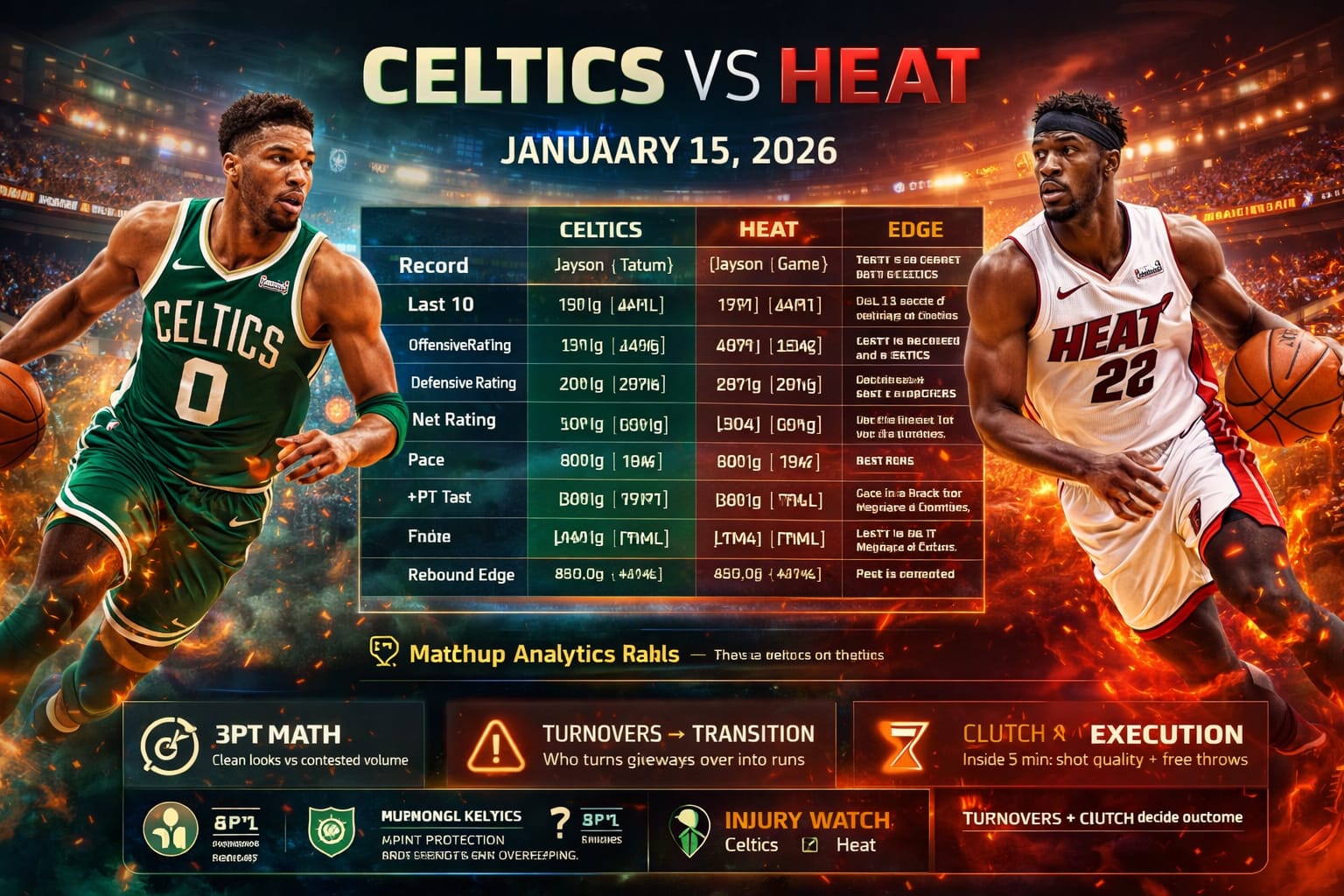 CE46AE41-6468-4022-B718-8E7C7FD7E2DC Celtics vs Heat NBA game preview January 15 2026 showing advanced analytics, key matchup stats, player impact indicators, pace comparison, and clutch performance data in an epic horizontal graphic