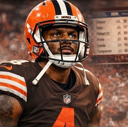 Deshaun Watson wearing Cleveland Browns helmet during an NFL game, representing his career as a franchise quarterback