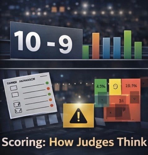 Graphic showing MMA scoring system with a 10-9 scorecard, judges criteria, and bar chart representing point values.