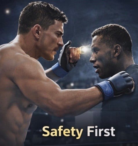 MMA fighters being checked by officials, highlighting safety rules such as medical checks, gloves, mouthguards, and referee protection.