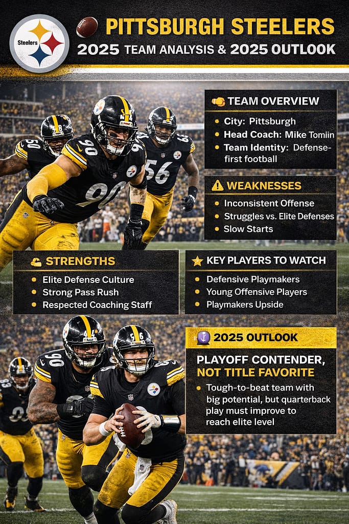 Pittsburgh Steelers 2025 NFL season analysis with team strengths, weaknesses, key players to watch and playoff outlook graphic