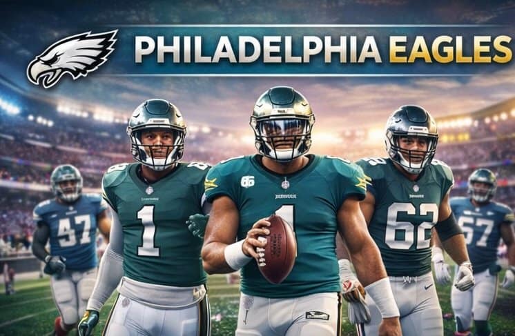 Philadelphia Eagles players walking onto the field before an NFL game, wearing green uniforms under stadium lights