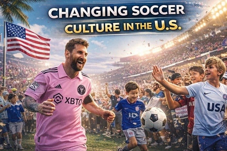 Lionel Messi holding an Inter Miami jersey with the Miami skyline, explaining why he chose to play in MLS