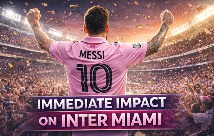 Lionel Messi celebrating a goal for Inter Miami in a packed stadium, showing his immediate impact on the team