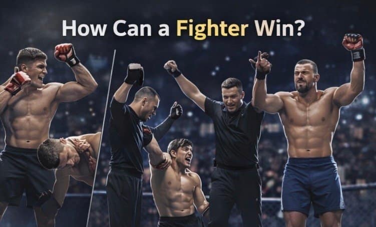 Illustration showing different MMA victory outcomes including knockout, technical knockout, submission, and judges’ decision.