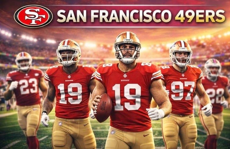 San Francisco 49ers players in red and gold uniforms entering the field before an NFL game at night