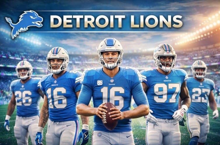 Detroit Lions players lined up on the field during an NFL matchup, wearing blue uniforms in a packed stadium