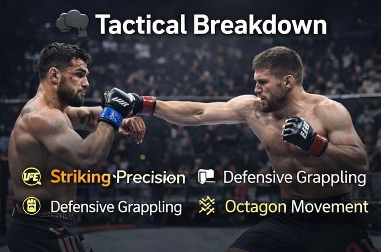 Tactical analysis illustration highlighting Alex Pereira’s calculated distance control and timing adjustments against Jamahal Hill